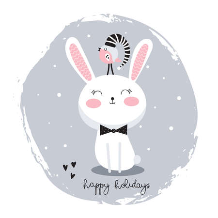 Funny smiling hare with a cute bird in a hat on his head. Vector illustration.のイラスト素材