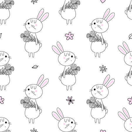 Seamless pattern with cute bunnies with flowers on a white background in linear style. Vector background for children.のイラスト素材