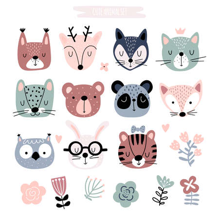 Set with cute animals head, flowers and leaves isolated on white background. Funny cartoon cliparts collection for kids. Scandinavian style background.のイラスト素材