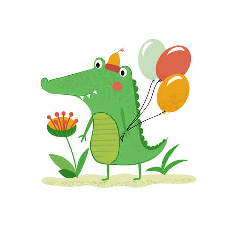 Iillustration with cute crocodile in a hat with balloons. Vector illustration for kid.のイラスト素材