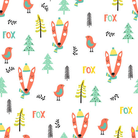 Cute seamless pattern with fox and bird in winter time in forest on a white background. Vector illustration in cartoon style.のイラスト素材