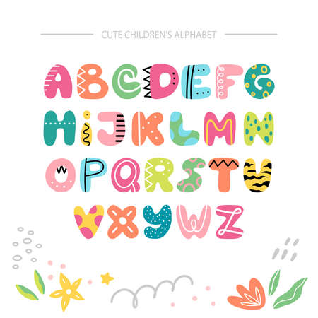 Cute kids alphabet in a cartoon style isolated on white background. Vector illustration.のイラスト素材