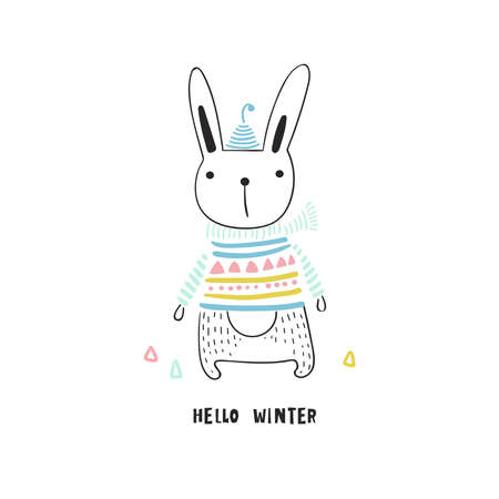 Card with a funny hand-drawn hare in a hat and a sweater and text isolated on white background. Vector illustration.のイラスト素材