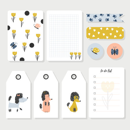 Childish notes, stickers, labels and tags with cute poodle dogs. Design elements. Vector illustration.のイラスト素材