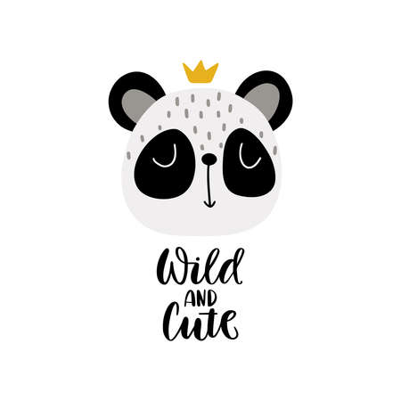 Funny panda with a crown and text - wild and cute. Greeting card or poster for nursery or kids room, T-shirt design in vector.のイラスト素材