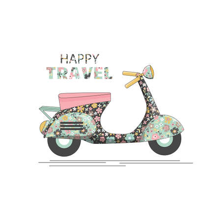 Scooter with floral pattern and inscription - happy travel - on a white background. Vintage scooter poster design, summer traveling.のイラスト素材
