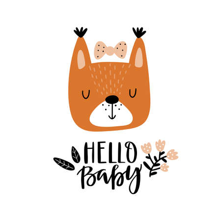 Cute squirrel and text - hello baby. Baby shower card or poster for nursery or kids room, T-shirt design in vector.のイラスト素材
