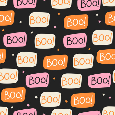 Seamless pattern with colorful Halloween design of bright speech bubble and word BOO on black background in vector. Perfect for backgrounds, textiles, wrapping paper, packaging, advertisements.のイラスト素材