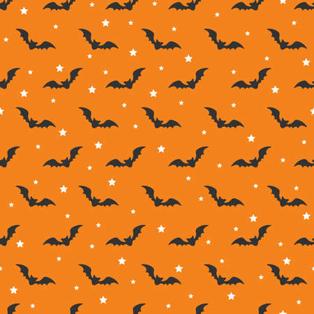 Bats silhouette on an orange background, seamless pattern. Halloween design in vector. Creative background for gift wrapping, fabric or party decoration.のイラスト素材