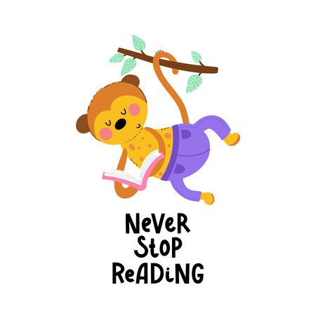 Funny monkey reads a book Illustration. Never stop reading hand written quote. isolated objects on white background. Concept for children print in vector.のイラスト素材