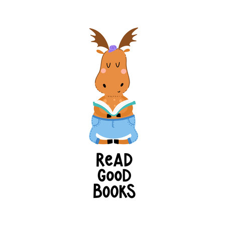 Funny moose is reading a book cartoon illustration. Read good books hand written quote. isolated objects on white background. Concept for children print in vector.のイラスト素材