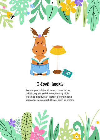 Cute moose is reading a book on a white background with floral frame. Place for your text. Poster or card for children in vector.のイラスト素材