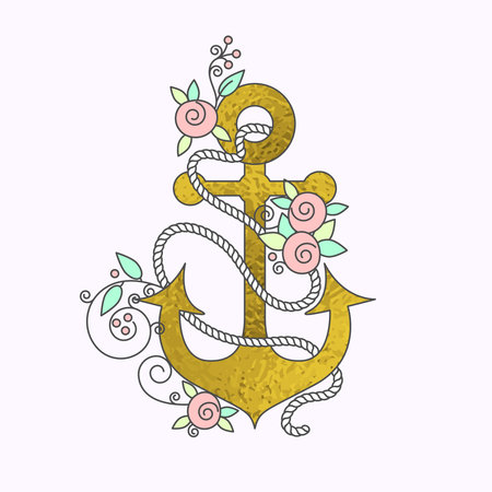 Sea anchor with a golden texture decorated with flowers and rope isolated on white background. vector illustration.のイラスト素材