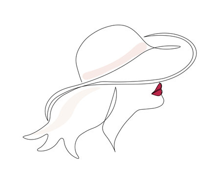 Women's hat with red lips. Vector illustration on a white background. continuous lineのイラスト素材