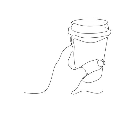 abstract hand with a cup of coffee , hand-drawn, continuous mono line, one line art, contour drawingのイラスト素材