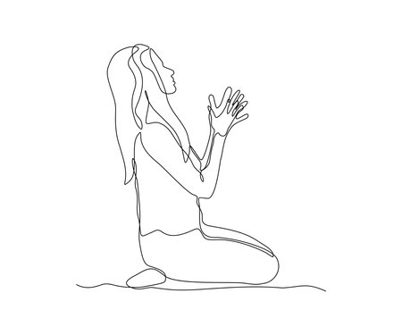 abstract girl, a woman without a face who does yoga or prays sitting , hand-drawn, continuous mono line, one line art, contour drawingのイラスト素材