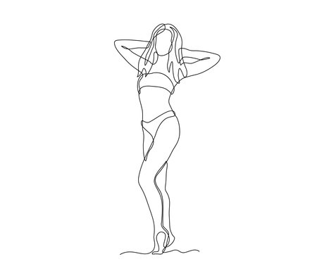 abstract girl, a woman without a face, who stands beautifully in a swimsuit or underwear with her hands behind her head, hand-drawn, continuous mono line, one line art, contour drawingのイラスト素材
