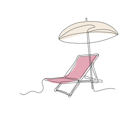 chaise longue with umbrella hand-drawn, continuous monoline, drawing in one lineのイラスト素材