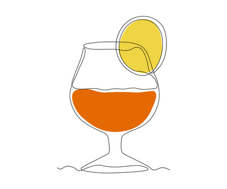 a glass with cognac and a slice of lemon Continuous One Line Drawingのイラスト素材