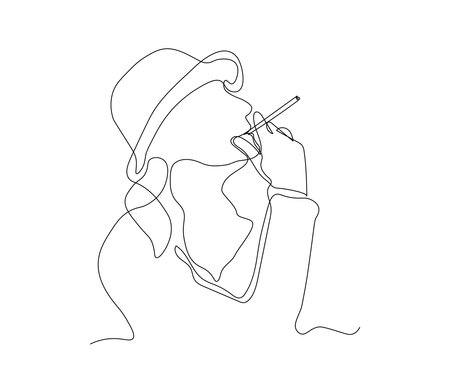 abstract girl in a hat, lady with a cigarette Continuous On Line Drawingのイラスト素材