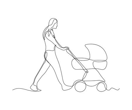 abstract woman with a stroller with a child Continuous On Line Drawingのイラスト素材