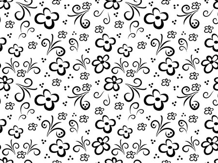 black and white monochrome seamless doodle floral patternのイラスト素材