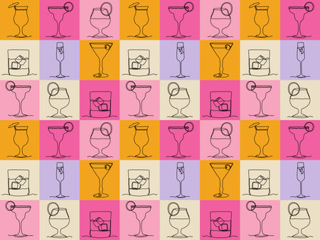 seamless pattern of multicolored squares and one line of art drinks,cocktails,whiskey,champagne,tequila,margaritaのイラスト素材