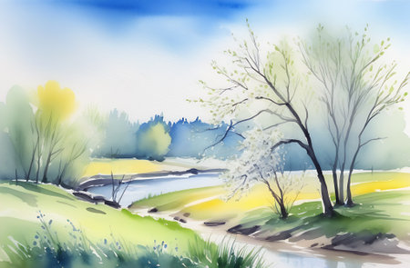 Watercolor spring landscape. Young green grass, clear blue sky, streamsの素材