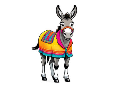 Illustration of a cheerful donkey in clothes standing on a white backgroundの素材