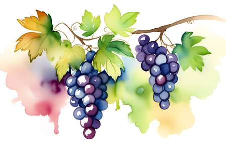 Watercolor postcard with bunches of blue grapes on a branch on a white backgroundの素材