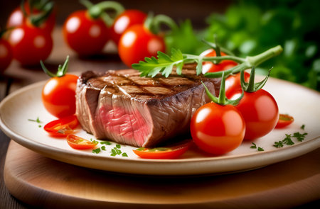 A magnificent steak cut with cherry tomatoes and parsleyの素材