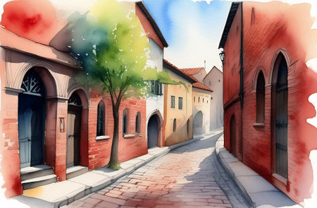 Watercolor urban landscape. An old medieval street in a European townの素材