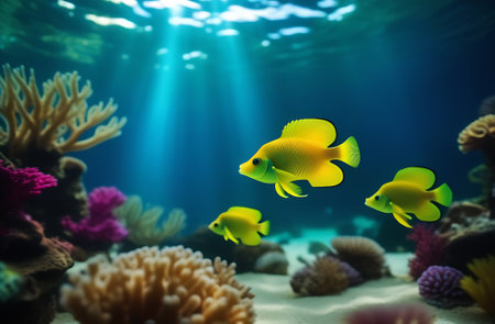 A small neon bright yellow fish swims underwaterの素材