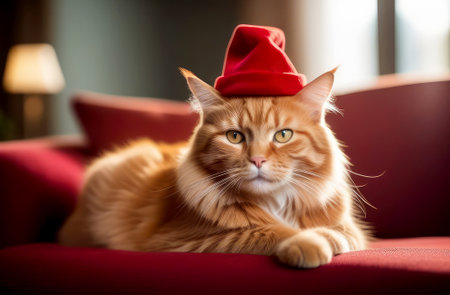 A red-haired cat is sitting in a red hatの素材
