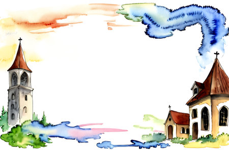 Watercolor frame of old small medieval houses with an empty space for textの素材