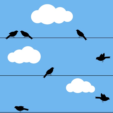 Black silhouette of birds on wiresのイラスト素材
