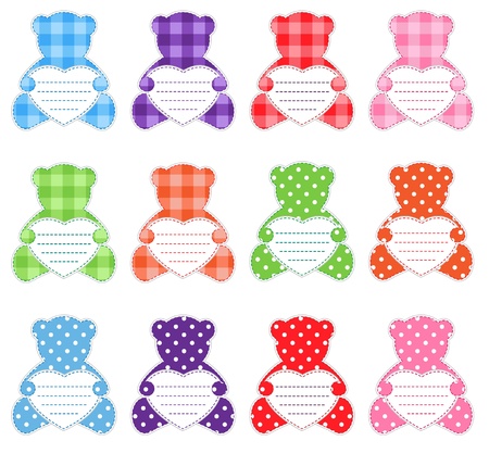 Twelve multicolor teddy bears.They have lines on hearts, so you can whrite your text. Nice elements for scrapbook, greeting card, Valentine's card etc.のイラスト素材