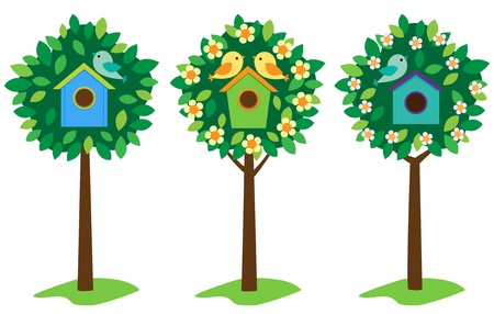 Little birds and birdhouses on trees.のイラスト素材