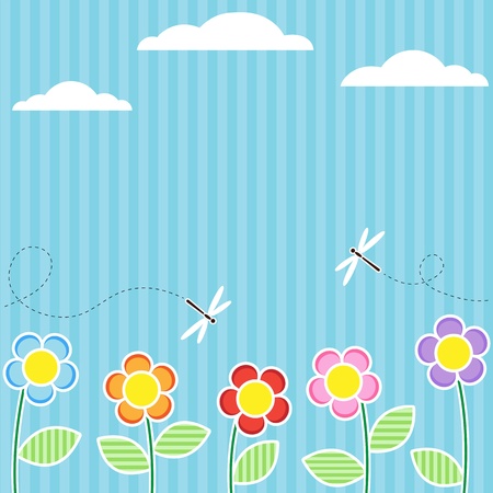 Background with flowers and flying dragonfliesのイラスト素材