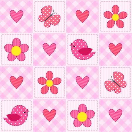 Pink seamless pattern with birds, flowers and heartsのイラスト素材