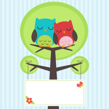 Vector backgrounds with couple of owls on the treeのイラスト素材