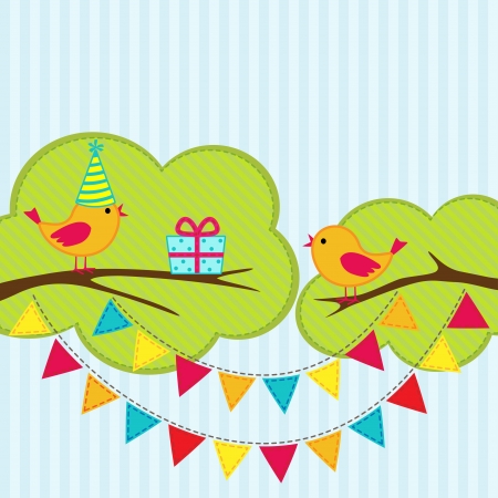 Birthday party card with cute birds on branchesのイラスト素材