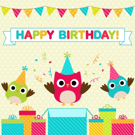 Vector birthday party card with funny birdsのイラスト素材