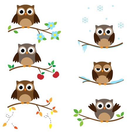Set of branches with sitting owls. Different seasons of the yearのイラスト素材