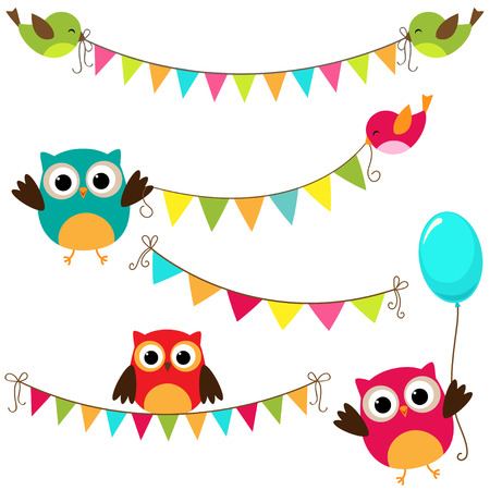 Vector set of colorful and bright bunting with birdsのイラスト素材