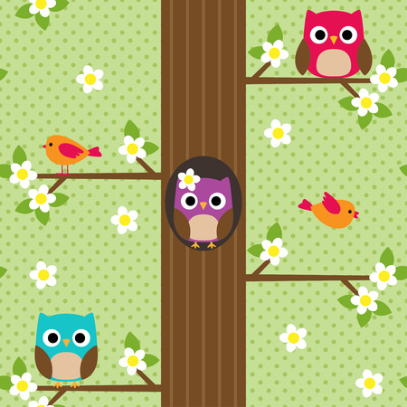 Seamless vector spring pattern with tree and owl sitting on branchesのイラスト素材