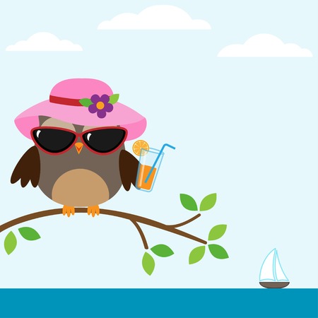 Cute owl with sunglasses sitting on the tree near the seaのイラスト素材