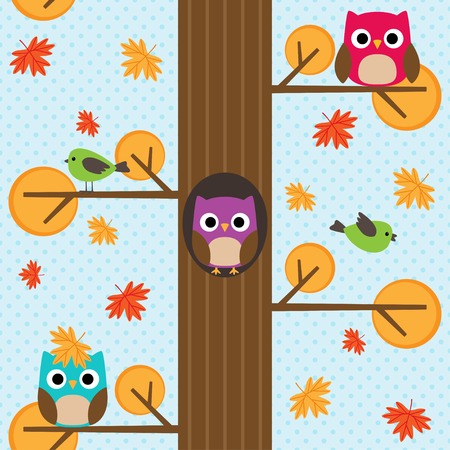 Seamless vector autumn pattern with tree and owl sitting on branchesのイラスト素材