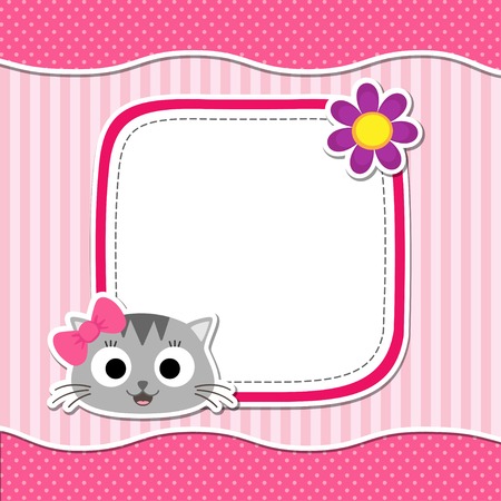 Illustration with cute cat and flower for girl. Vector template with place for your text.  Card for baby shower, birth announcement or birthday invitation.のイラスト素材