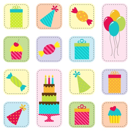 Vector seamless birthday party pattern with cake, balloons, presents, hats and sweets. Set of festive and holiday icons on white backgroundのイラスト素材